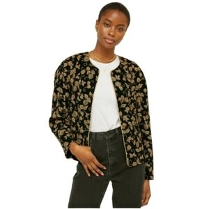 ANOTHER THYME Vintage Black Velour Jacket Golden Floral‎ Women's Large